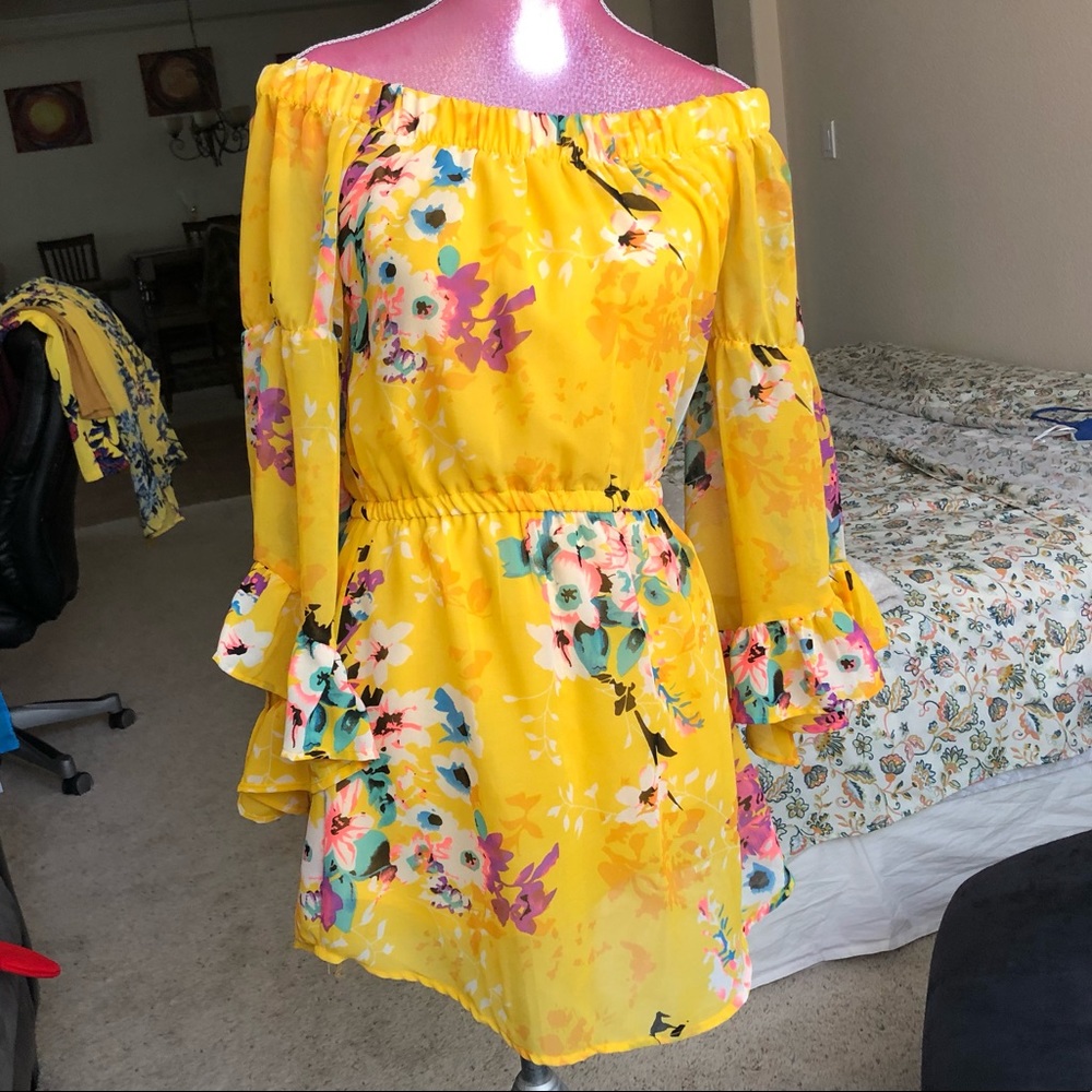 Adorable vivid yellow off the shoulder dress